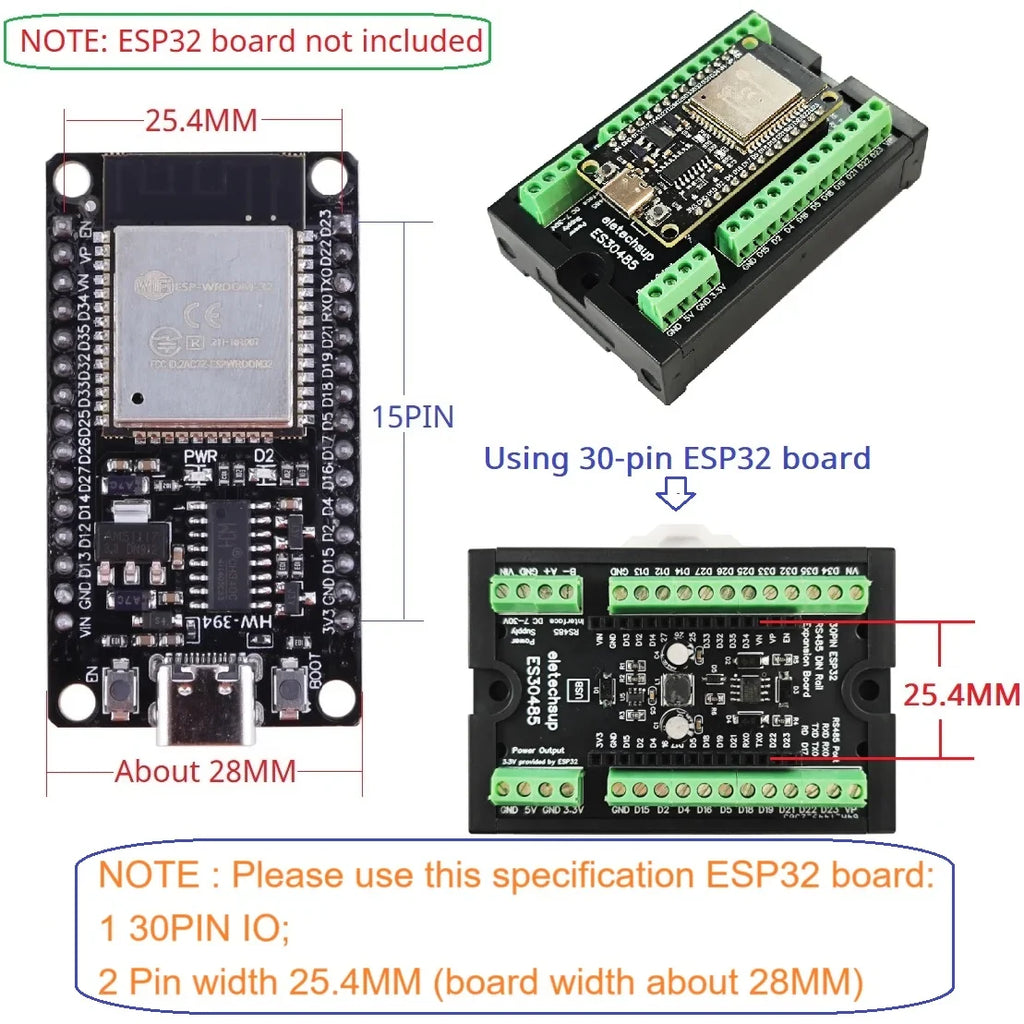 eletechsup ES30485 ESP32 RS485 DIN Rail Mount PLC Data Acquisition Board DC 7-30V Wide Voltage WiFi BT IOT MQTT Module