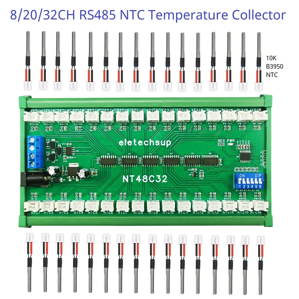 NT48A08 NT48B20 NT48C32 8-32CH RS485 Temperature Collector – Modbus RTU AI Remote IO Module with 10K B3950 NTC Sensor for PLC SCADA
