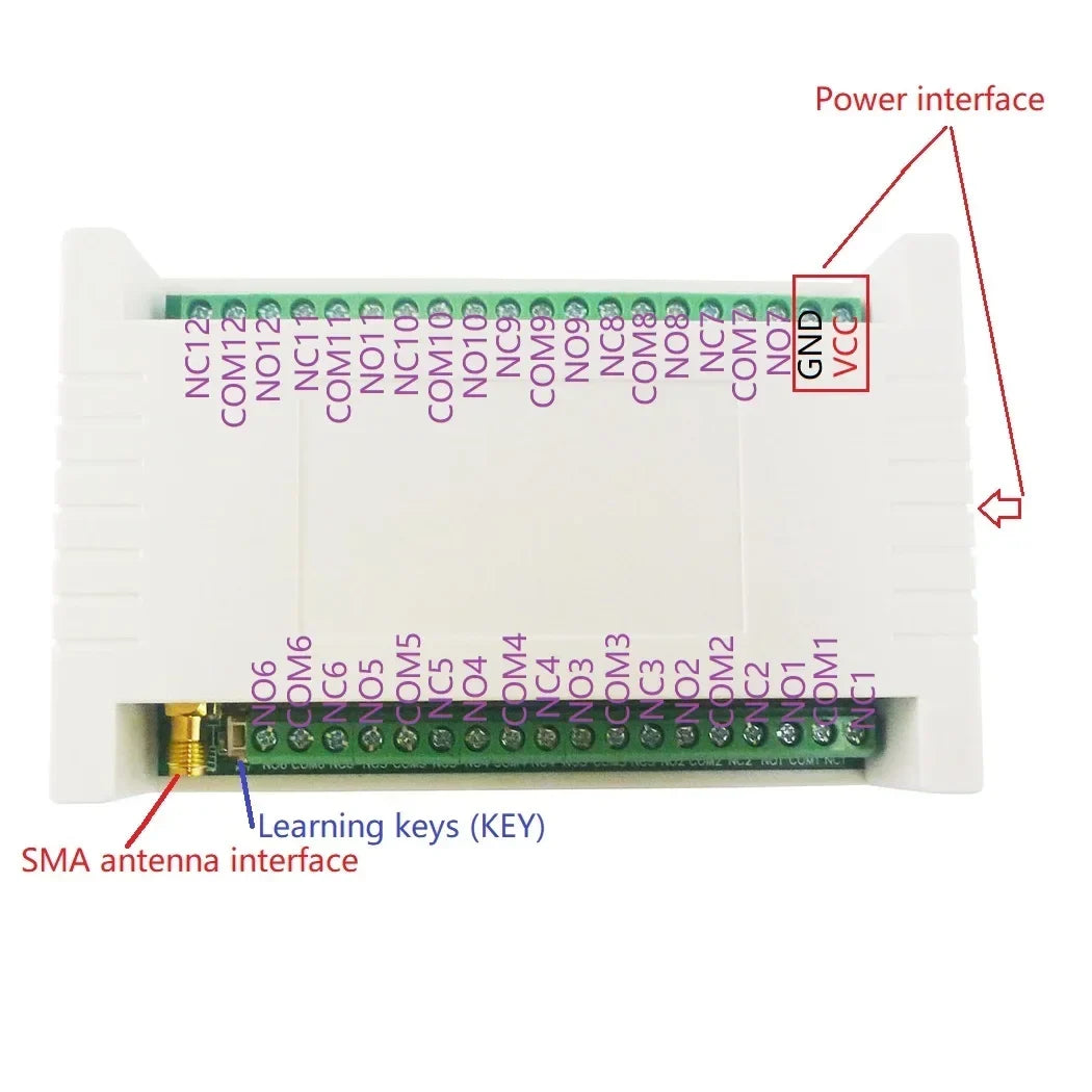 RC44B12+RF34C12 12CH 433MHz 20dBm FSK Rolling Code Wireless Relay Kit – Moisture Proof Garage Door & Smart Home Controller