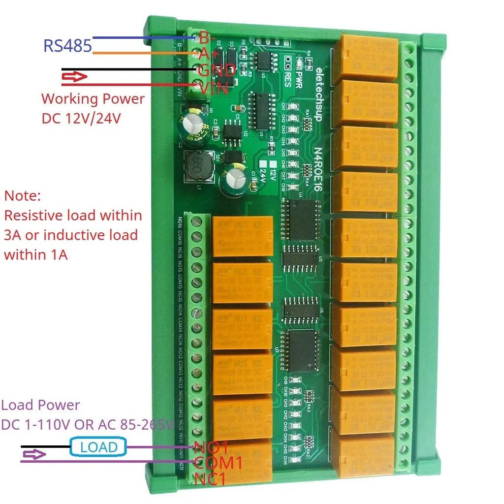 N4D3E16 16CH RS485 Modbus RTU Relay Module – DC 12V/24V Digital Output Board with 10A SPDT Contacts for PLC IO Expansion