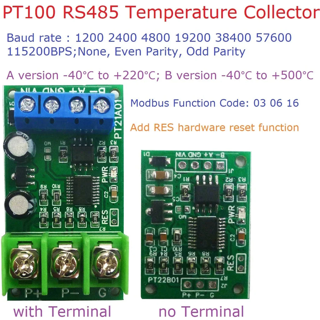 PT21A01 PT22B01 RS485 PT100 RTD Temperature Module – -40~500°C 1-Channel Modbus RTU Sensor Board for PLC SCADA Industrial Automation