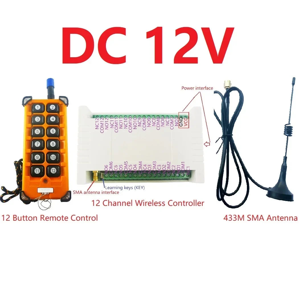 RC44B12+RF34C12 12CH 433MHz 20dBm FSK Rolling Code Wireless Relay Kit – Moisture Proof Garage Door & Smart Home Controller