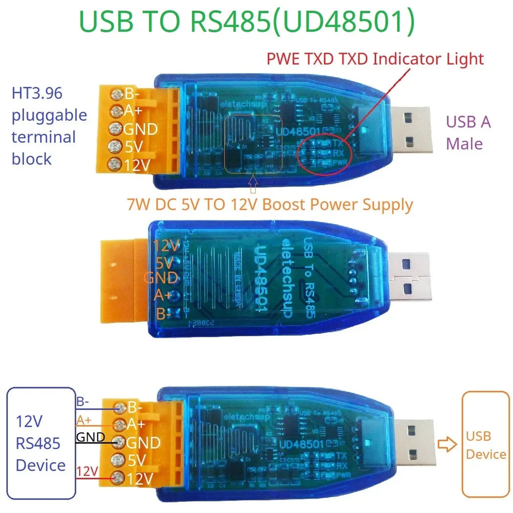 UD48501 UD23202 UDTTL03 USB to RS485 RS232 TTL Converter – 12V 5V VCC Output Industrial Serial Adapter for PLC HMI PTZ Smart Home Debugging