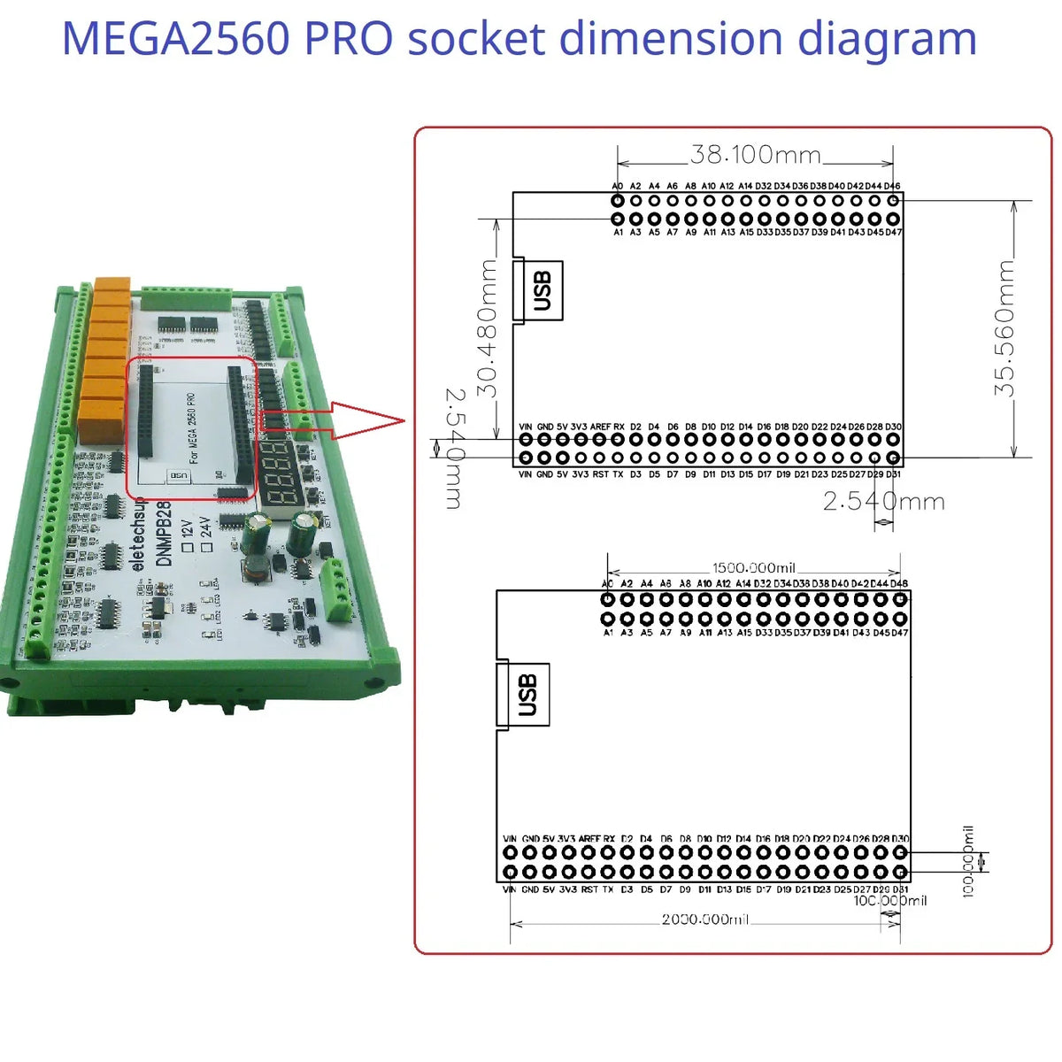 DNMPB28 16AI-16DI-16DO Relay Board for Arduino MEGA2560 Pro – 4-20mA/0-10V Analog Input RS485 Modbus MOS Relay IO Expansion