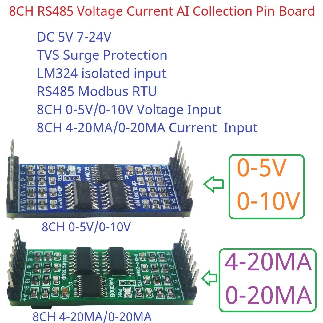 N4CID08 N4VIG08 8AI Multifunction Analog Input Module – 0-5V/0-10V/4-20mA to RS485 Modbus RTU ADC Collector with 2.54mm Pin Header for PLC SCADA