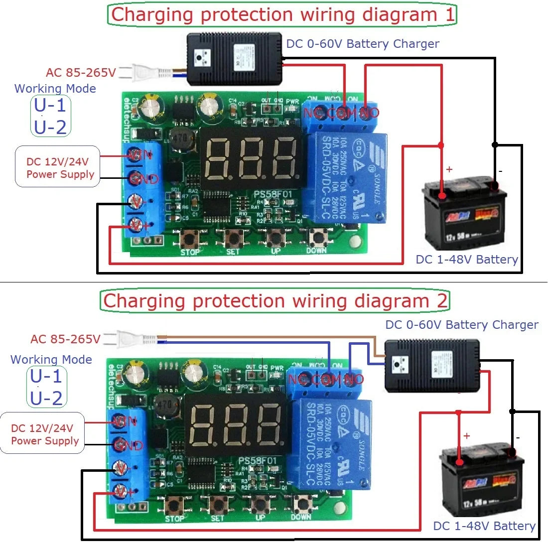 PS58F01 10A Battery Charger Discharger Module – 0-60V Auto Cut-Off Undervoltage Overvoltage Protection Board for 12V/24V/36V/48V Lead-Acid UPS DIY