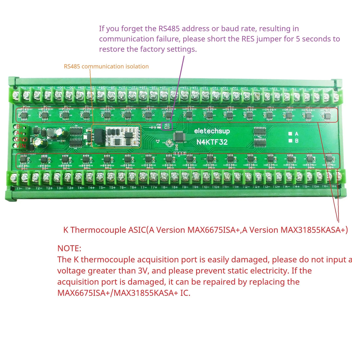 N4KTF32 32-Channel K-Type Thermocouple Temperature Module – MAX6675ISA+ 0-1024℃ RS485 Modbus Collector DC 7-25V for Industrial Monitoring