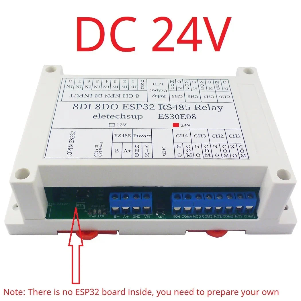 ES30E08 8DI 8DO Relay Module RS485 PLC Controller Shield for 30Pin ESP32 Development Board DC 12V 24V NPN Input