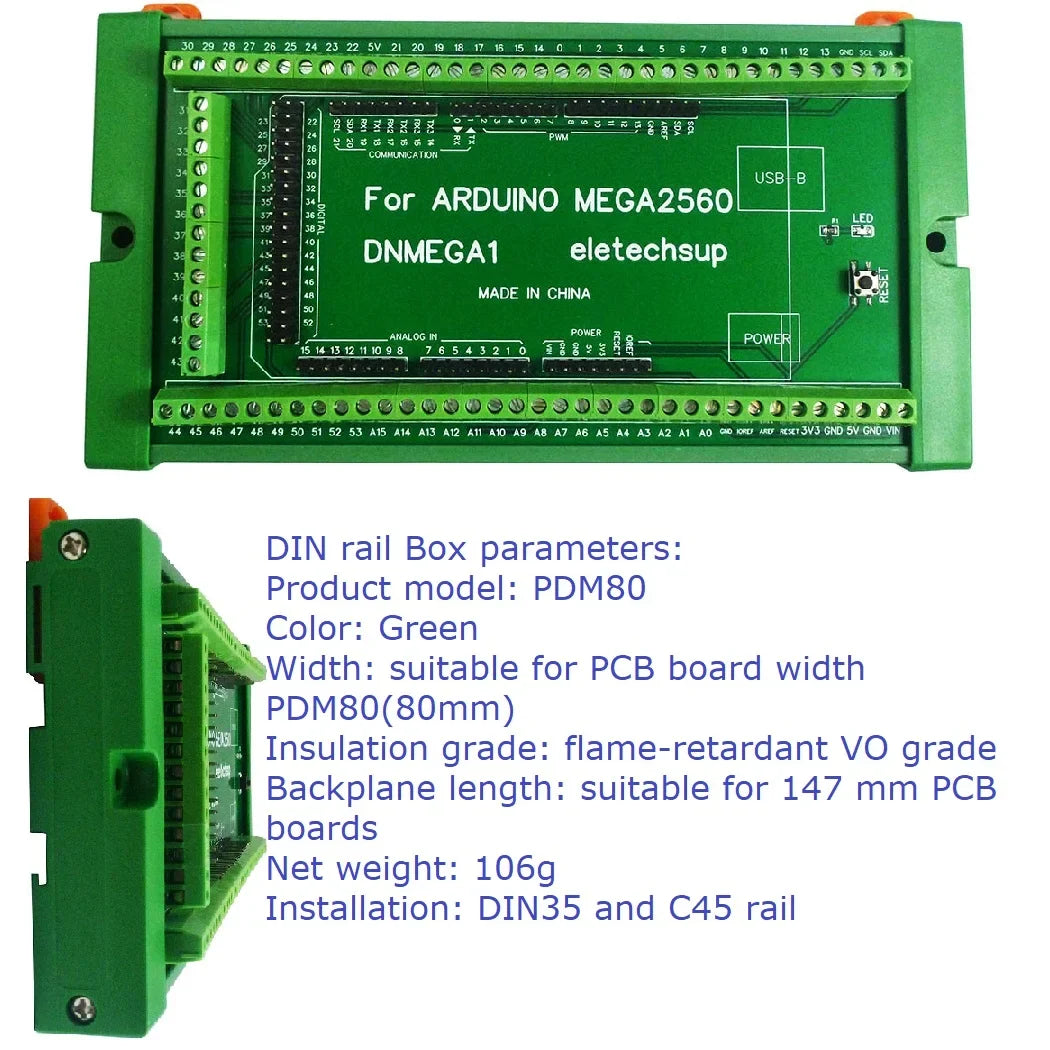 DNMEGA1 DIN Rail Mount Screw Terminal Adapter – 3.96mm Breakout Board for Arduino MEGA2560 R3 Industrial Control PLC Projects