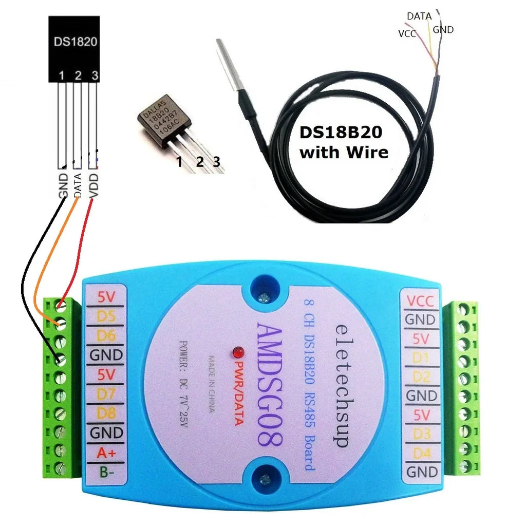 AMDSG08 8CH DS18B20 Temperature Acquisition Module – RS485 Modbus RTU with ±0.5°C Accuracy for PLC SCADA Industrial Automation