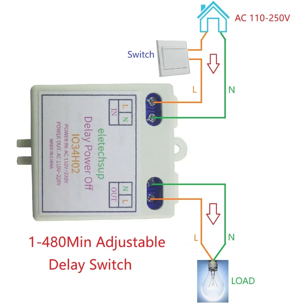 IO34H02 AC Time Delay Relay Module – 110V/120V/220V 50-60Hz DIP Switch Programmable Timer for Light Fan Pump Automatic Door Control