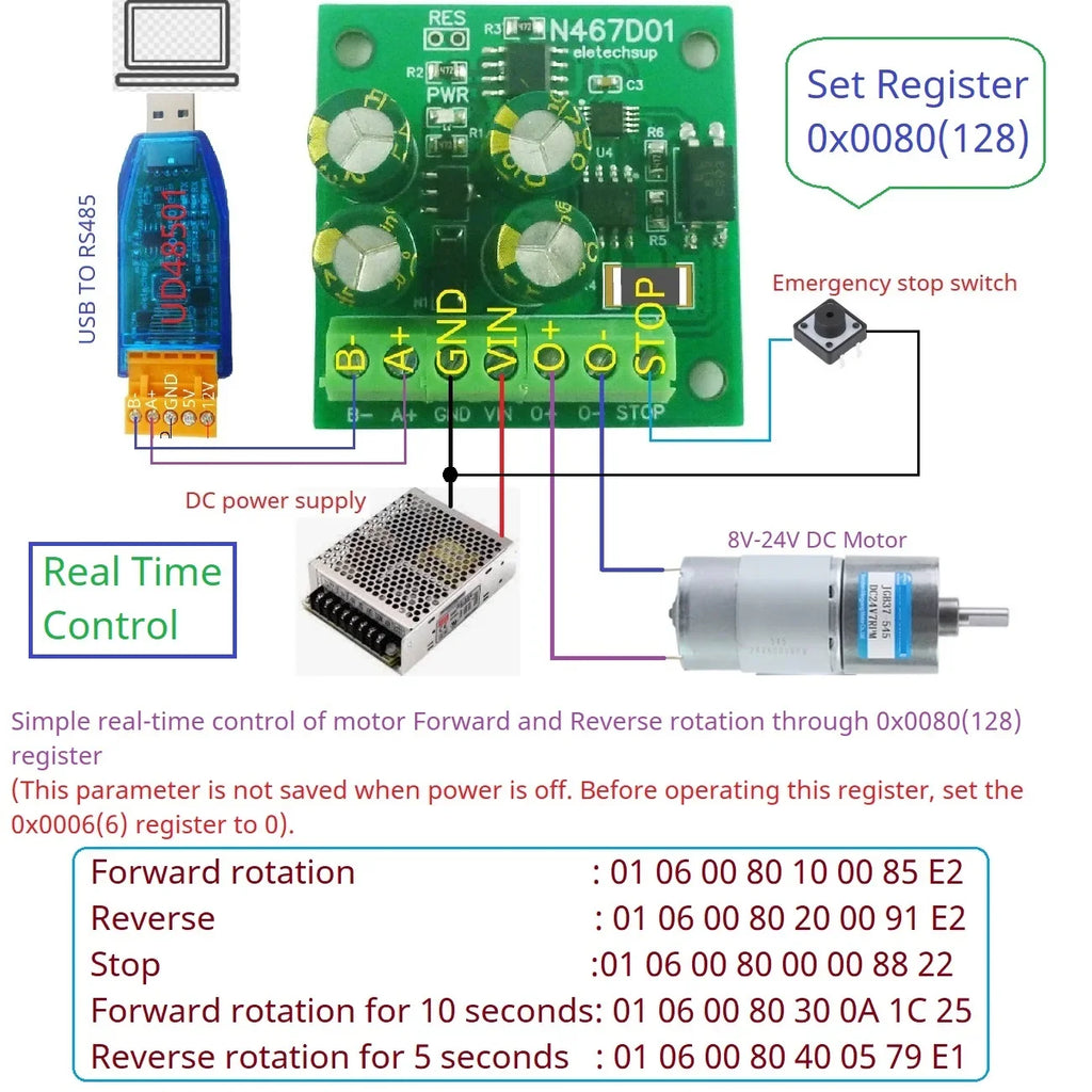 N467D01 RS485 Modbus RTU DC Motor Driver – 8-30V 1-2A Forward Reverse Stop Delay Controller with 497-Day Timer for PLC Automation