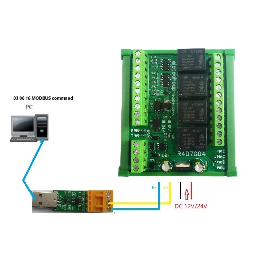 R4D7G04 2AI-2DI-20DO Multifunction Relay Module – RS485 Modbus RTU 4-20mA/0-10V Analog Input PLC IO Expansion Board 10A Output