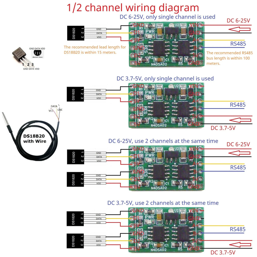 N4DSA02 2CH DS18B20 RS485 Temperature Module – -55~125°C Modbus RTU Digital Temperature Collector with ±0.5°C Accuracy for PLC SCADA