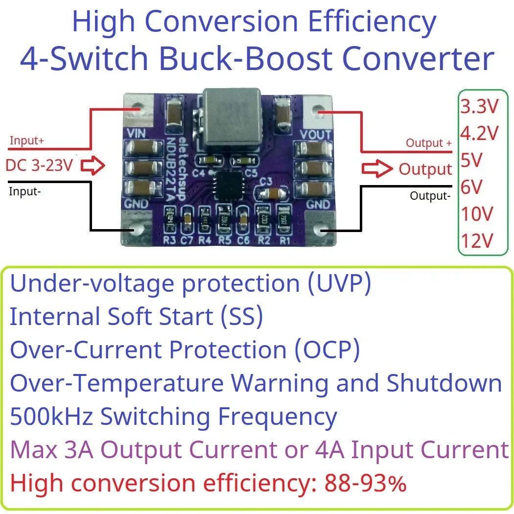 NDUB22TA 3A Buck-Boost Converter – DC 3-23V to 3.3V/5V/12V Adjustable Step-Up Down Voltage Regulator with 93% Efficiency for Solar Battery ESP32