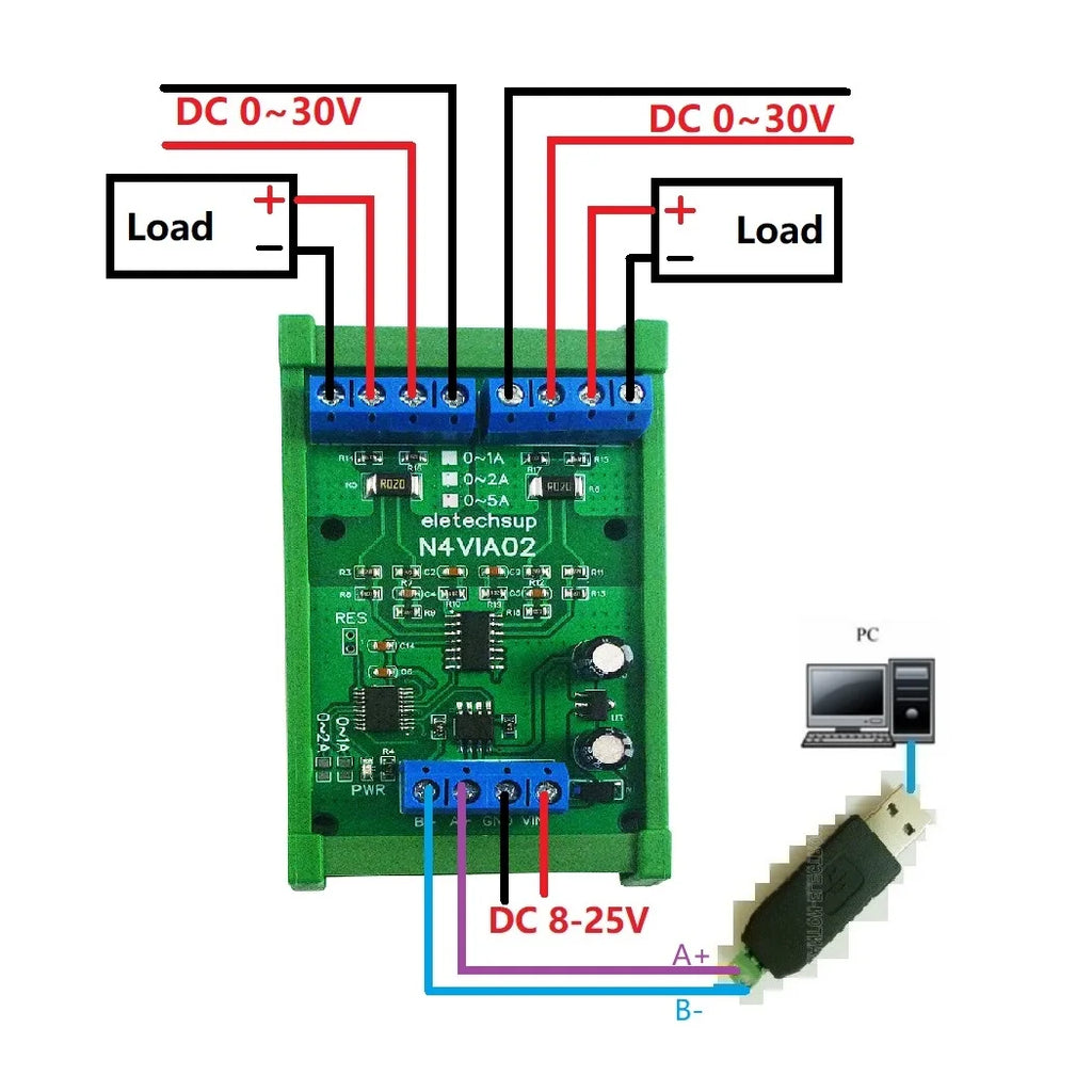 N4VIA02 Multifunctional RS485 Ammeter Voltmeter – 0-30V / 0-5A Modbus RTU DC Power Measurement Module for PLC SCADA Industrial Automation
