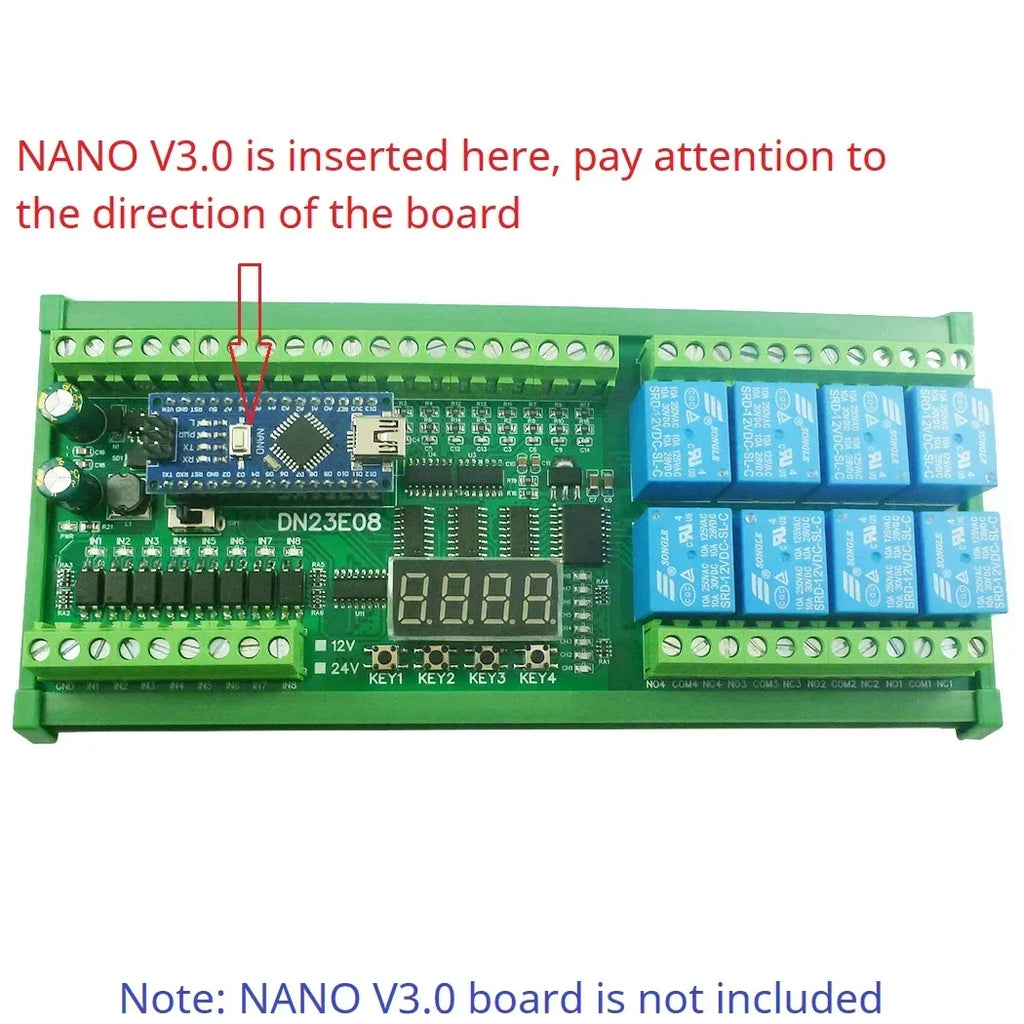 DN23E08 DN24F08 8DI-8AI-8DO IO Expansion Board for Arduino Nano V3.0 – RS485 Modbus RTU PLC Module with 4-20mA/0-10V Analog Input