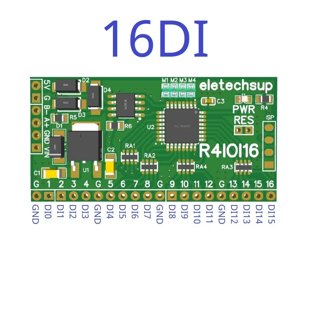 R4IOI16 16CH 5 IN 1 Modbus Rtu Digital IO Module RS485 NPN PNP DI-DO Pin Core Board Switching Input Output PLC HMI Remote IO Expanding