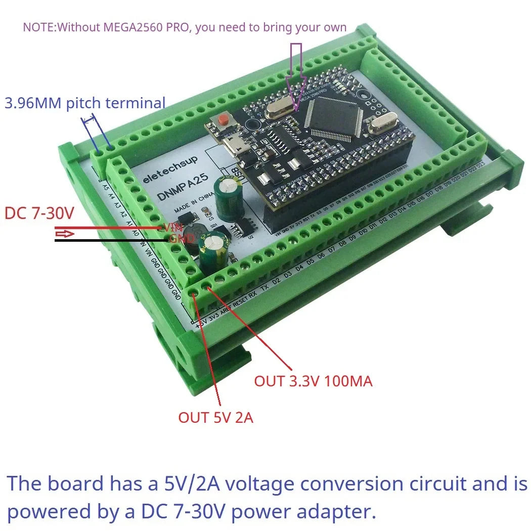 DNMPA25 DIN Rail Screw Terminal Block Adapter Module for Arduino MEGA2560 PRO Board 7-30V to 5V 2A DC-DC Converter Industrial