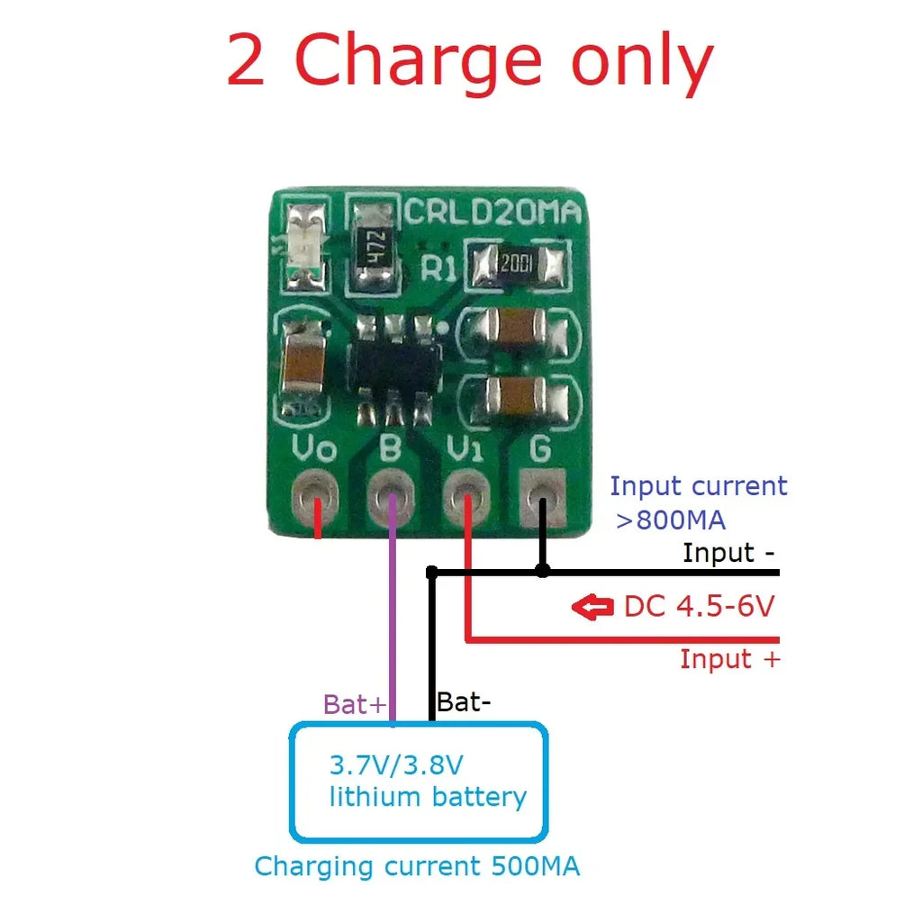 CRLD20MA 2-in-1 Battery Charger & LDO Converter – DC 5V to 4.2V 500mA Charging + 3.7V to 3.3V 250mA Step-Down for 18650 Li-Ion Li-Po