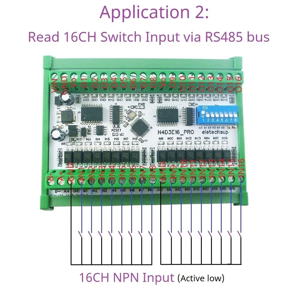 N4D3E16_PRO 16CH Bidirectional Remote Control Module RS485 Modbus RTU DIP Switch Setting No PC Needed PLC Expansion Board