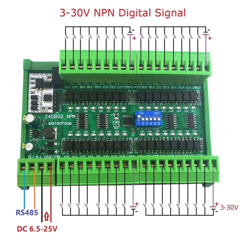 24DIA16 24DIB32 24DIC48 16-48CH Digital Input Module – NPN/PNP Switch PLC IO Expansion Board with 3000VDC Isolation RS485 Modbus RTU