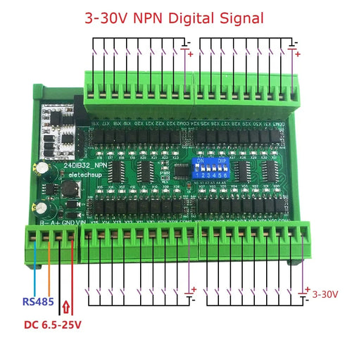 24DIA16 24DIB32 24DIC48 16-48CH Digital Input Module – NPN/PNP Switch PLC IO Expansion Board with 3000VDC Isolation RS485 Modbus RTU