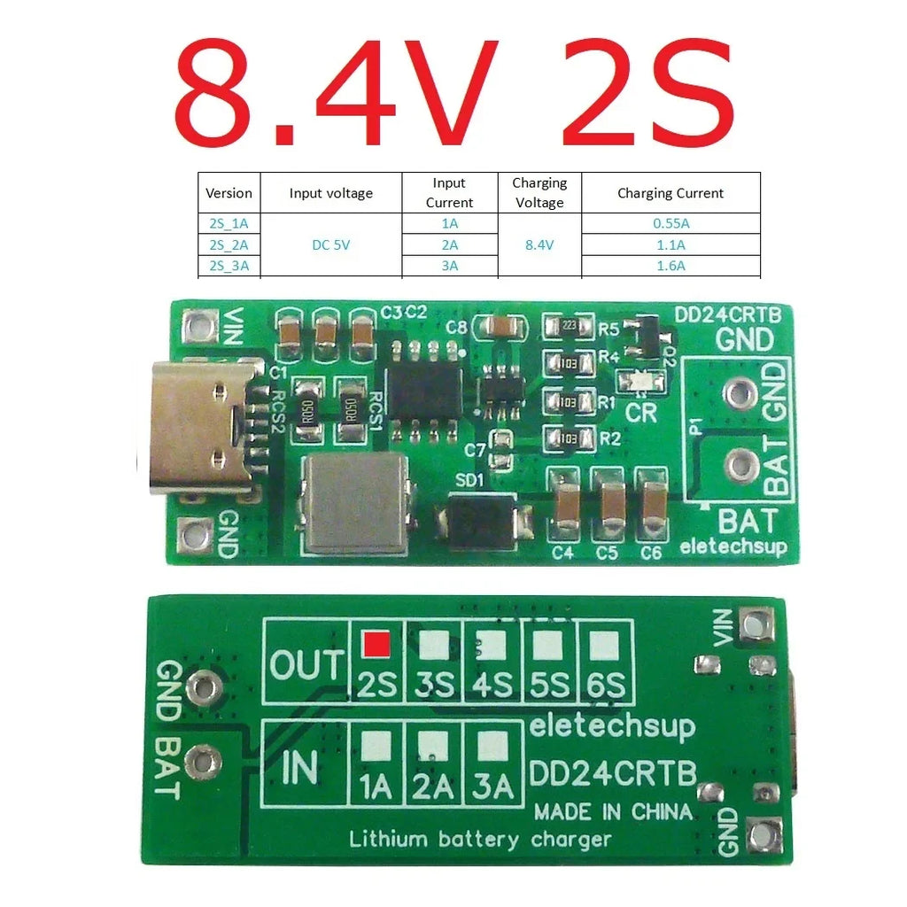 DD24CRTB 2-6S Type-C Boost Charger Module – 5V to 8.4V/12.6V/16.8V/21V/25.2V for 7.4V-22.2V Li-ion LiPo 18650 Battery Pack