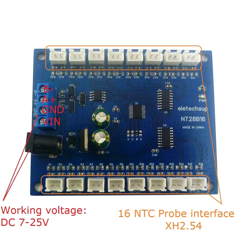 NT28B16 16CH RS485 Temperature Collector – Modbus RTU Paperless Recorder with 10K/20K/50K/100K B3950 NTC Sensor for PLC SCADA