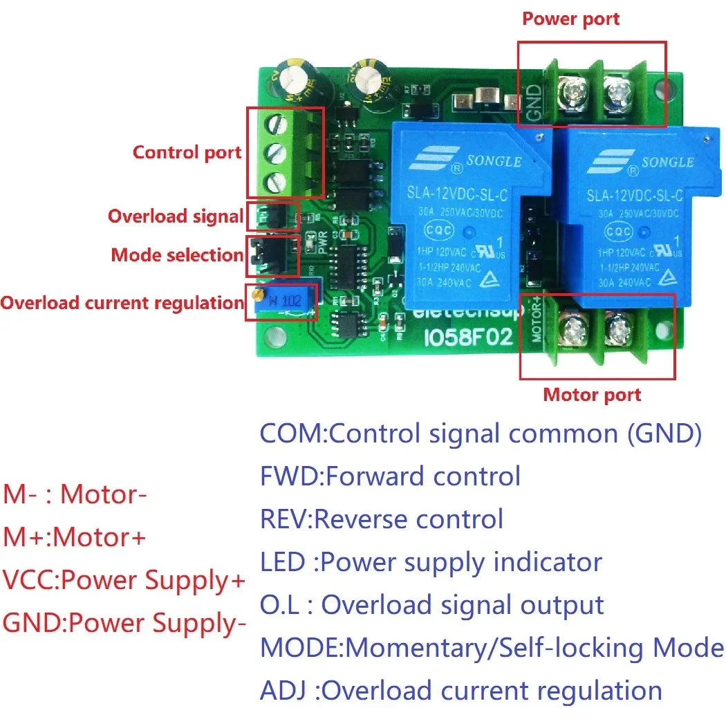10A 20A 30A DC 12V 24V Brushed Motor Overload OveDC 12V 24V Power Brurcurrent Short Circuit Protector Forward Reverse Controller IO57E02 IO58F02