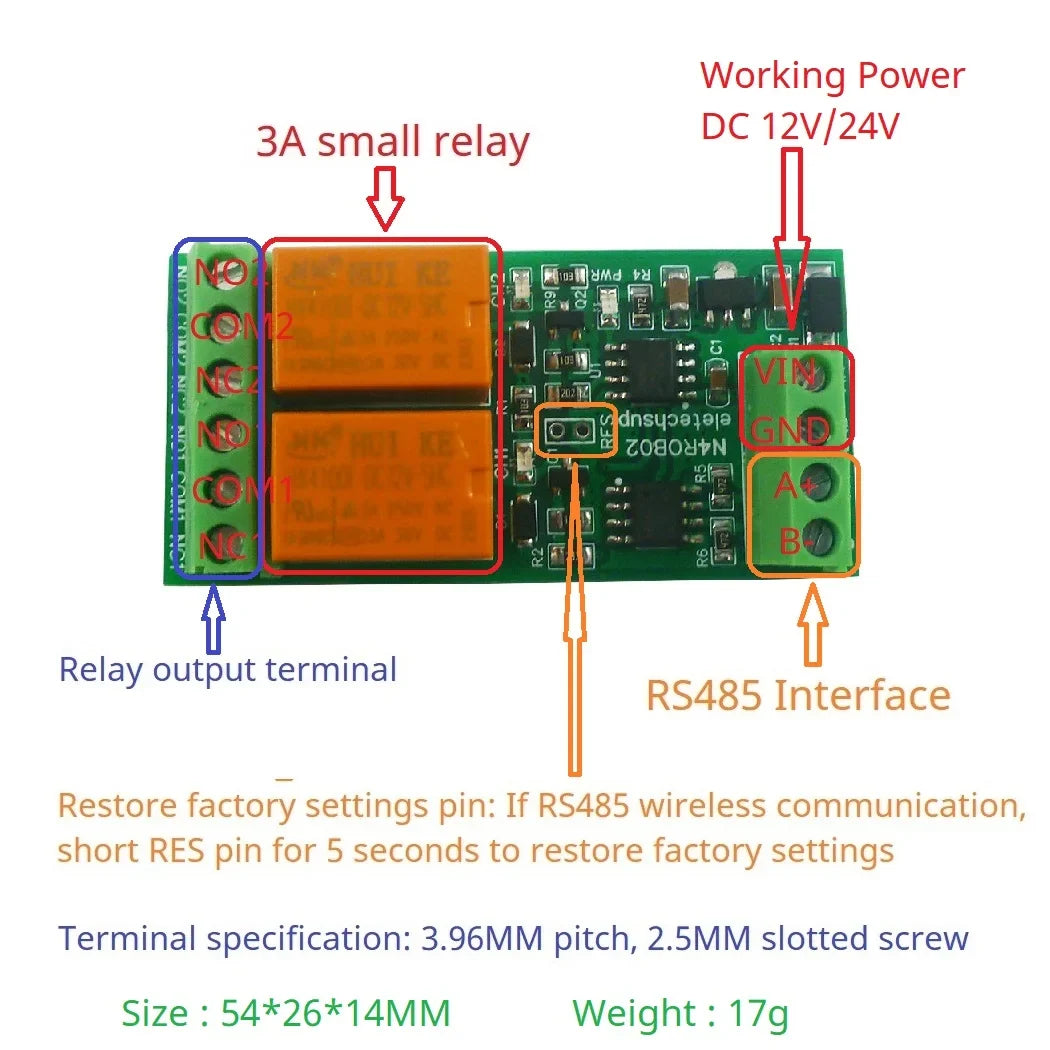 N4ROA01 N4ROB02 1-2CH 3A RS485 UART Relay Module – DC 12V/24V Serial Port Switch with Modbus RTU for PLC Arduino Smart Home