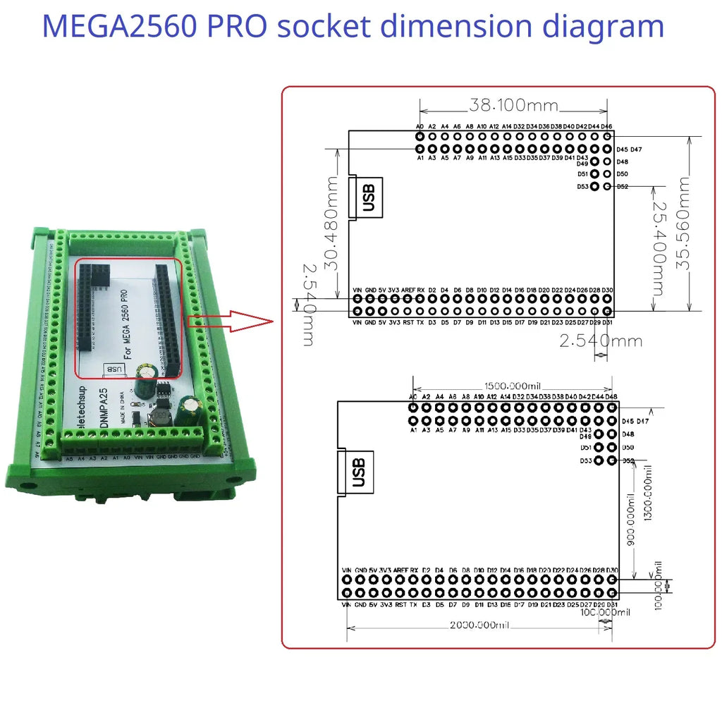 DNMPA25 DIN Rail Screw Terminal Block Adapter Module for Arduino MEGA2560 PRO Board 7-30V to 5V 2A DC-DC Converter Industrial