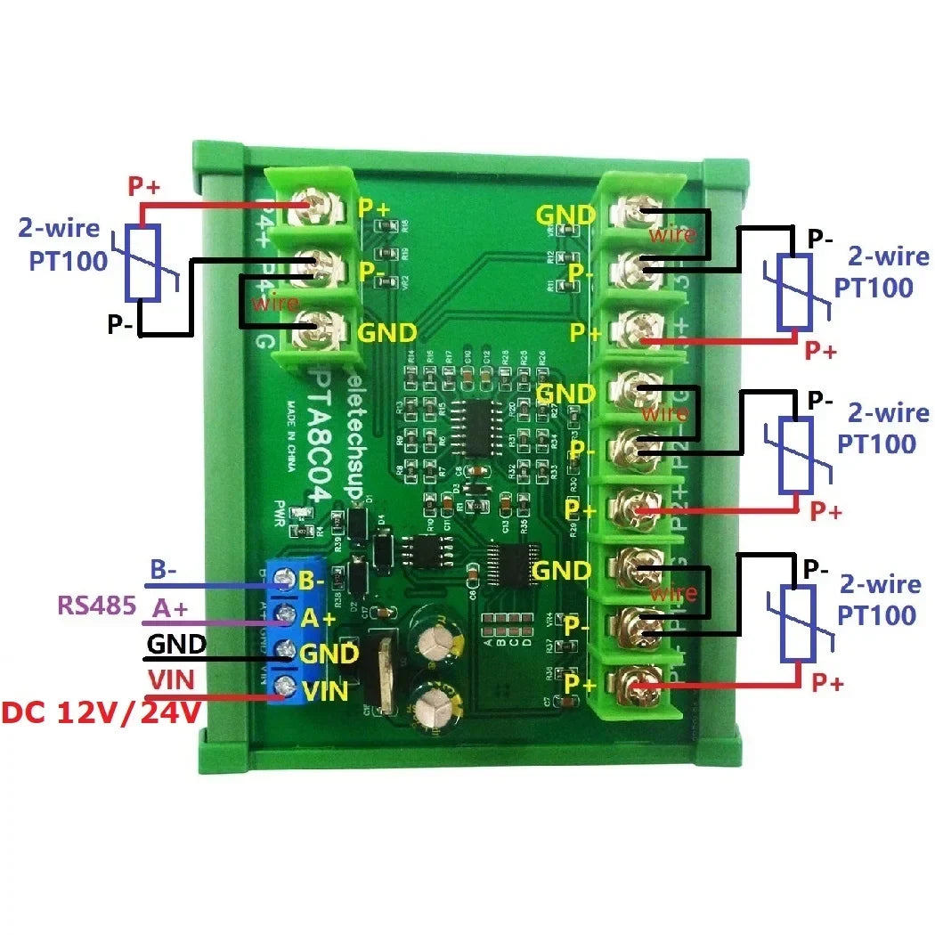 PTA8C04 4CH PT100 RTD Temperature Module – -40~500°C RS485 Modbus RTU Platinum Thermal Resistance Collector for PLC SCADA