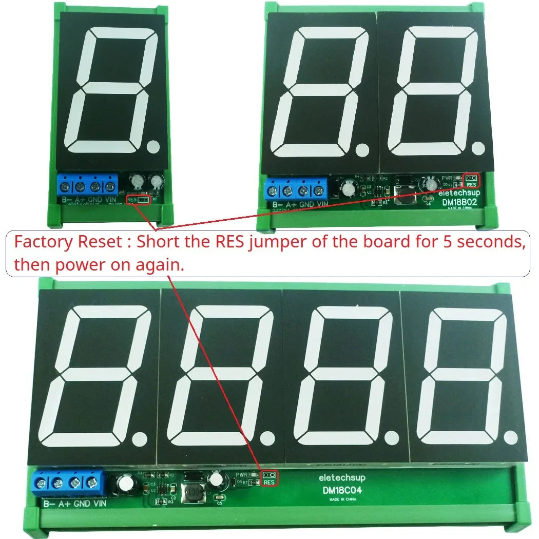 DM18A01 DM18B02 DM18C04 1.8 RS485 Modbus RTU LED Display Module – DC 12V/24V Digital Tube Panel Meter for PLC HMI Industrial Automation