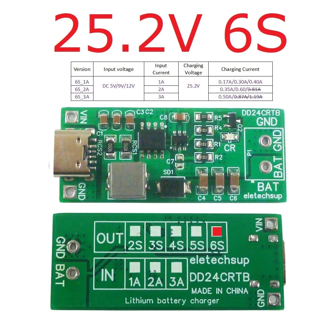 DD24CRTB 2-6S Type-C Boost Charger Module – 5V to 8.4V/12.6V/16.8V/21V/25.2V for 7.4V-22.2V Li-ion LiPo 18650 Battery Pack