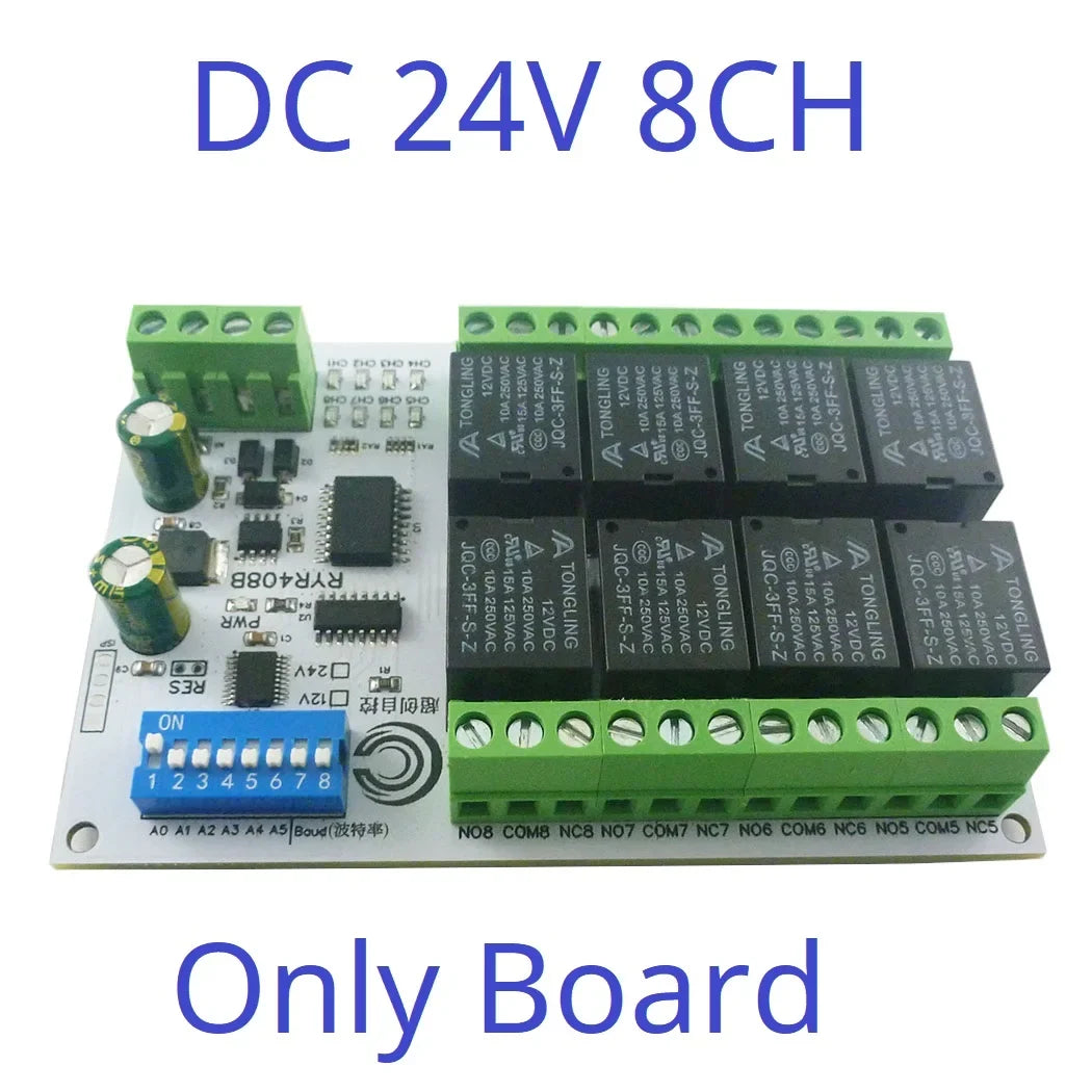 RYR408B 8CH 10A RS485 Relay Module – DIP Switch Configurable Modbus RTU PLC Remote IO Board with 8 Commands for Industrial Automation