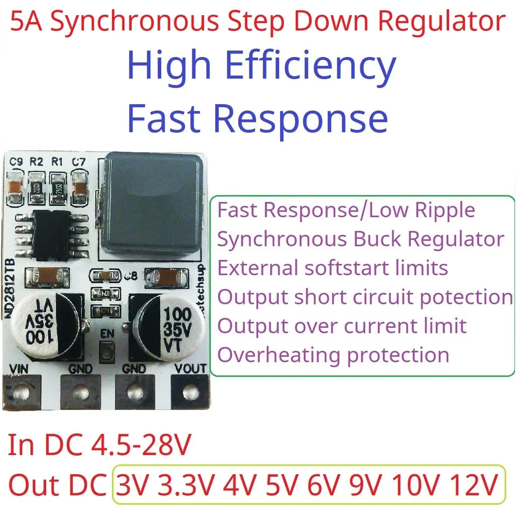 ND2812TB 5A Synchronous Buck Converter – DC 5-30V to 3.3V/5V/12V Adjustable Step-Down Regulator with 94% Efficiency for Motor LED E-Bike