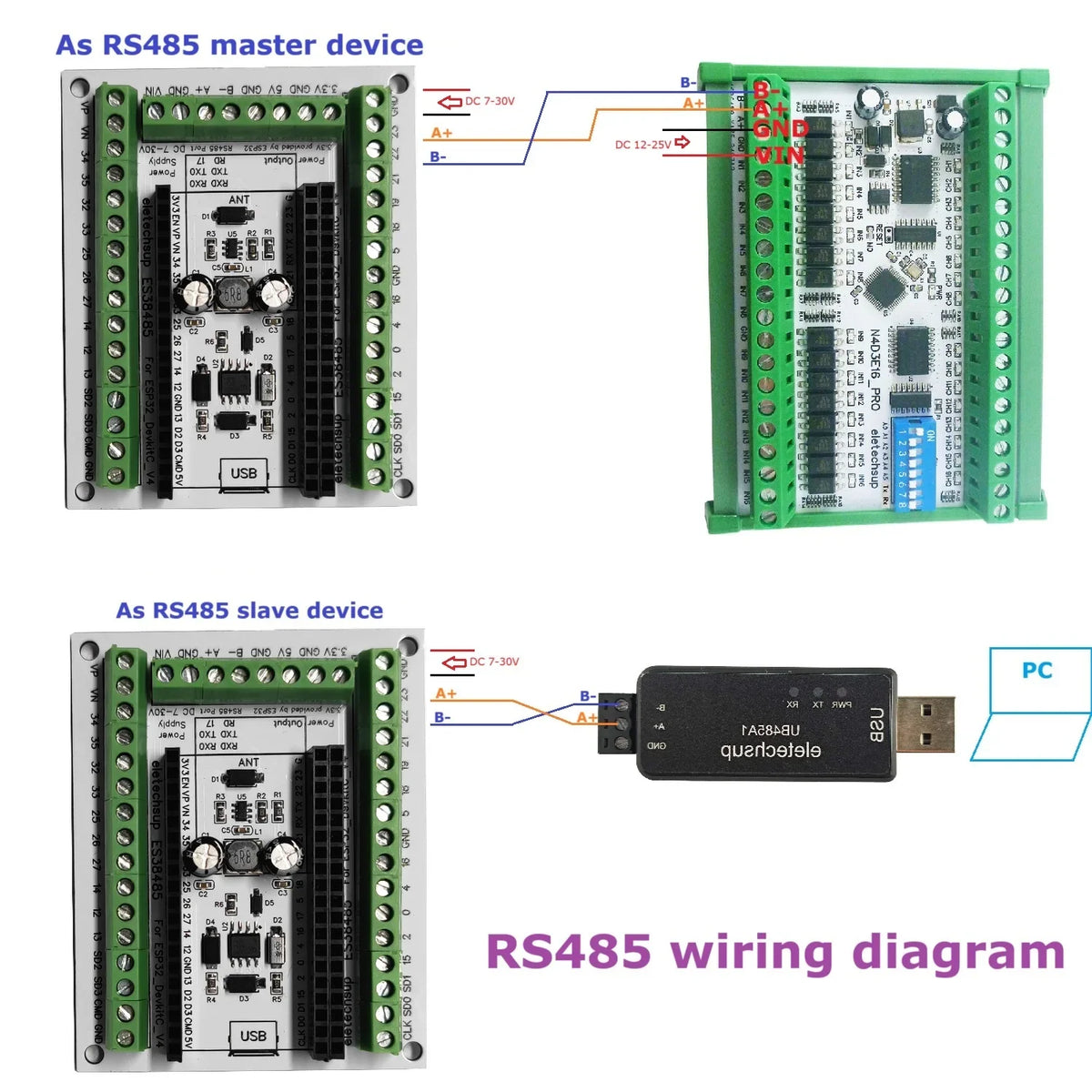 ES38485 ESP32 DevkitC V4 RS485 DIN Expansion Board 38PIN 2.4GHz WIFI BLE IOT Remote IO Development Board with 7-30V Power in 5V 3.3V out