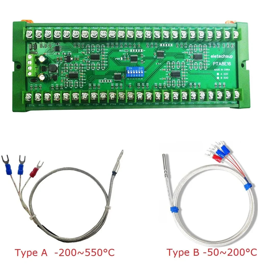 16CH PT100 Temperature Acquisition Module – DC 12/24V RS485 Modbus RTU Collector Board -40°C to +500°C for Industrial Monitoring PTA8E16