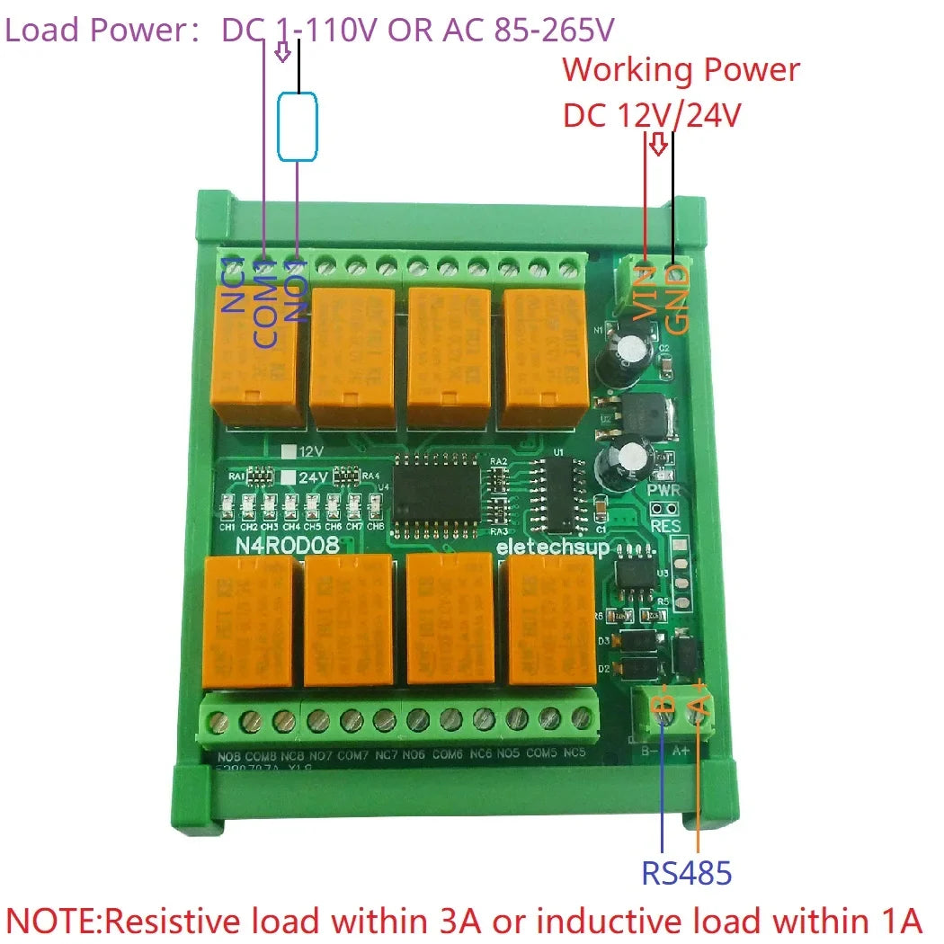 N4ROD08 8CH Modbus RTU RS485 Relay Module – 3A Multifunction DIN Rail Controller with 8 Commands for PLC HMI Smart Home
