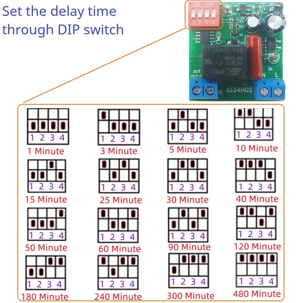 IO34H02 AC Time Delay Relay Module – 110V/120V/220V 50-60Hz DIP Switch Programmable Timer for Light Fan Pump Automatic Door Control