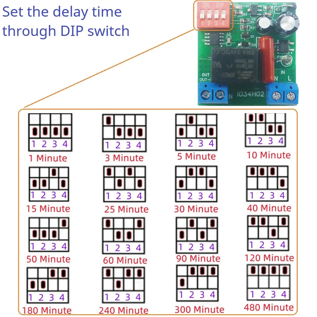 IO34H02 AC Time Delay Relay Module – 110V/120V/220V 50-60Hz DIP Switch Programmable Timer for Light Fan Pump Automatic Door Control