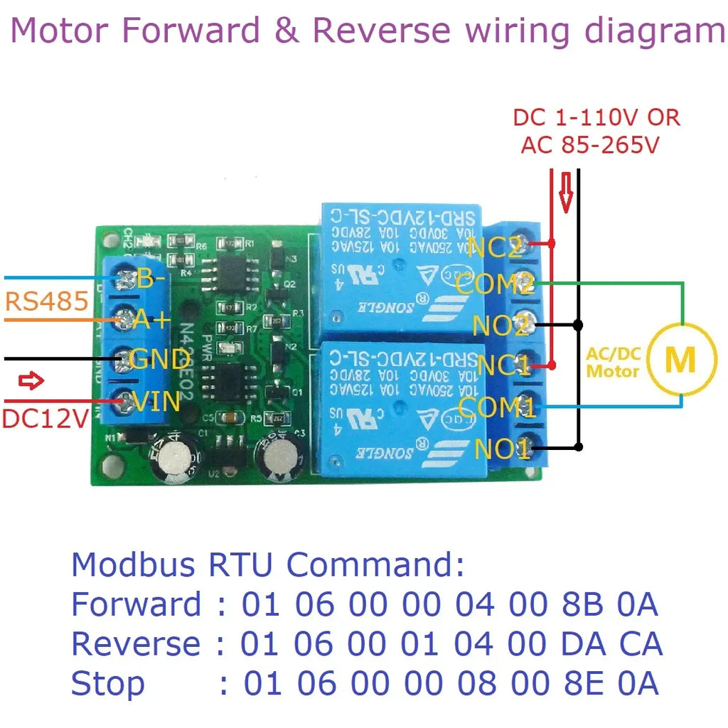 N428E02 2CH RS485 Modbus RTU Relay Module – DC 12V 10A Serial Port Switch Board with 6 Commands for PLC PTZ Motor Industrial Control