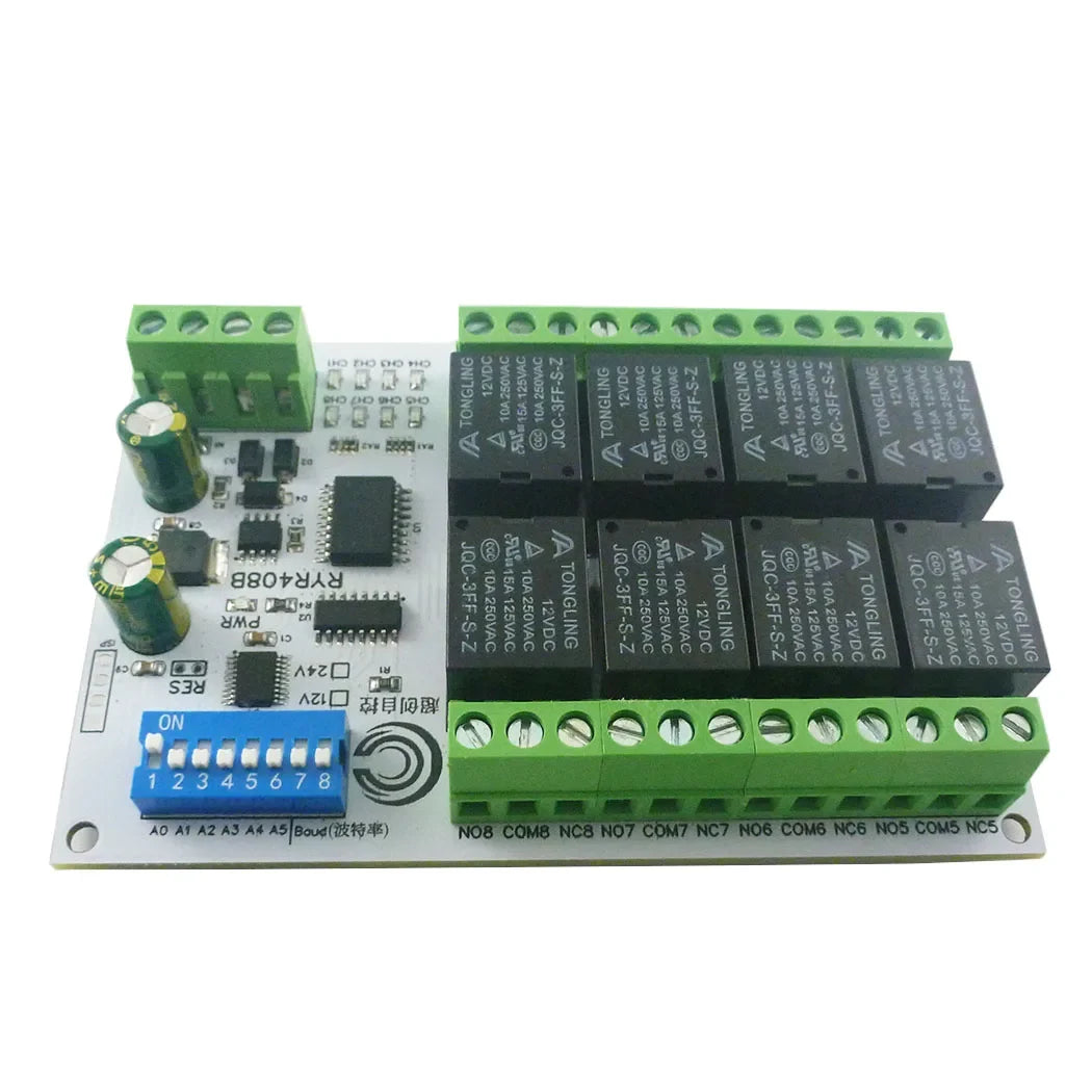 RYR408B 8CH 10A RS485 Relay Module – DIP Switch Configurable Modbus RTU PLC Remote IO Board with 8 Commands for Industrial Automation