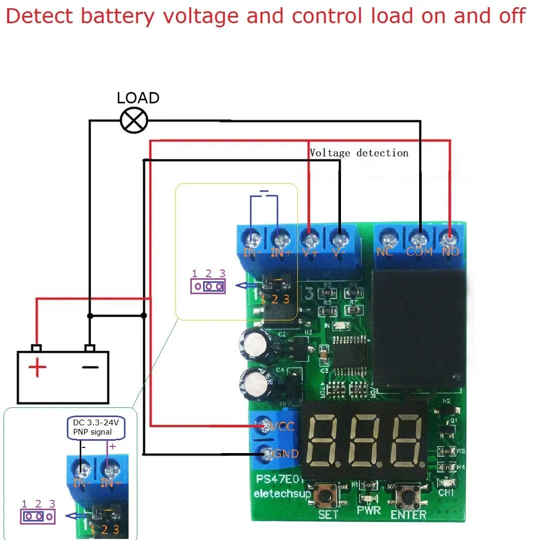 PS47E01 DC 12V/24V Voltage Detection Relay Module – 0-99.9V ±0.1V Accuracy Over/Under Voltage Monitor with 10A Output & 0-999Min Timer