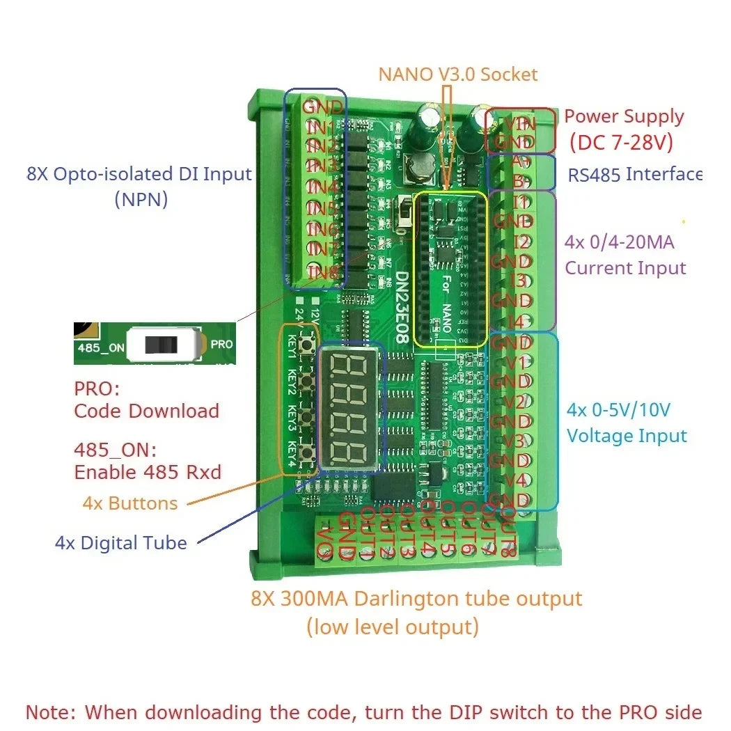 DN23E08 DN24F08 8DI-8AI-8DO IO Expansion Board for Arduino Nano V3.0 – RS485 Modbus RTU PLC Module with 4-20mA/0-10V Analog Input