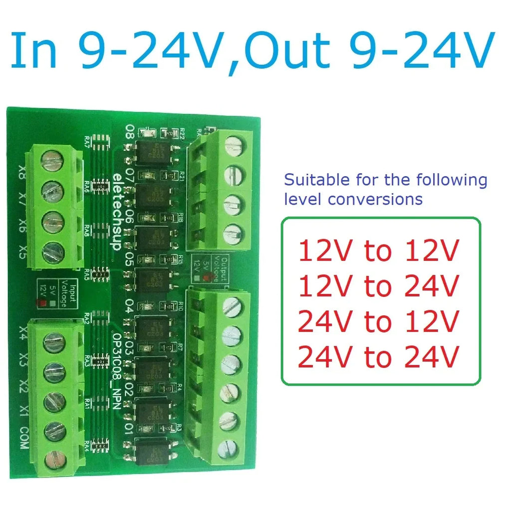 OP31C08 8CH Opto-Isolation Logic Level Converter – 3.3V/5V/12V/24V NPN/PNP Bidirectional GPIO Module with 3000V Isolation for Arduino PLC MCU