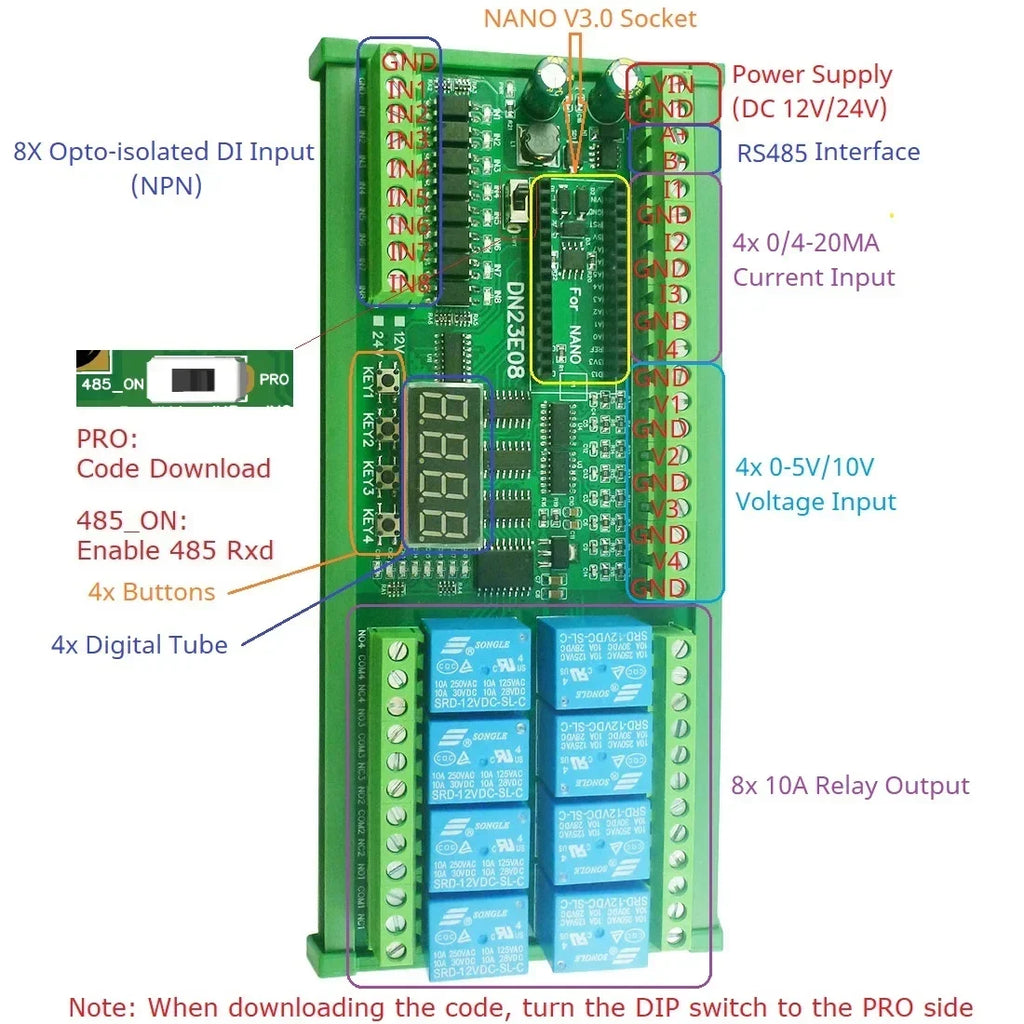 DN23E08 DN24F08 8DI-8AI-8DO IO Expansion Board for Arduino Nano V3.0 – RS485 Modbus RTU PLC Module with 4-20mA/0-10V Analog Input