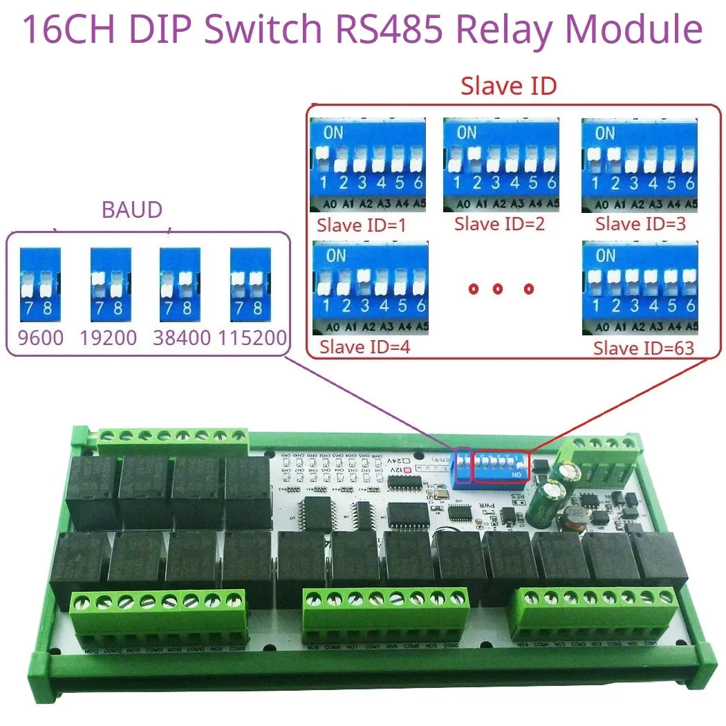 R4D3B16 16CH RS485 Modbus RTU Relay Module – DC 12V/24V Multifunction IO Expansion Board with 10A Output for PLC HMI Smart Home