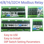 Relay Module RS485 Bus Modbus RTU UART Serial Port HMI PLC DIP Setup Parameters 4-32 Channels 10A 20A DC 12V 24V Switch Board RYR404A RYR408B RYR416C RYR432D